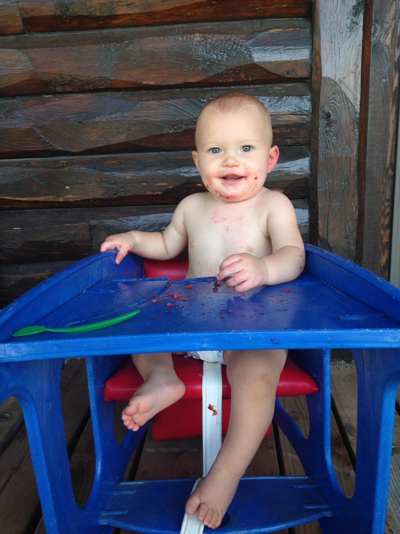 A baby sitting in a blue plastic high chair in front of a weathered wooden fence.