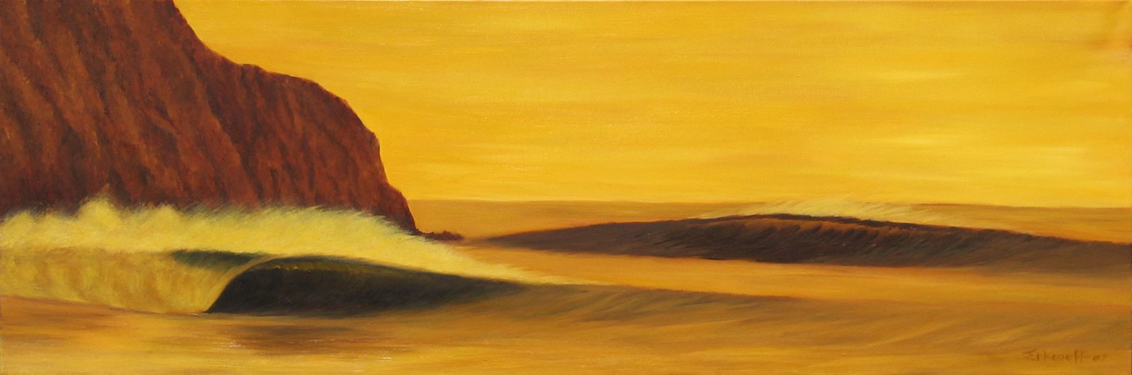A painting of Morro Rock against a gold and orange sky, a wave peeling across the foreground.