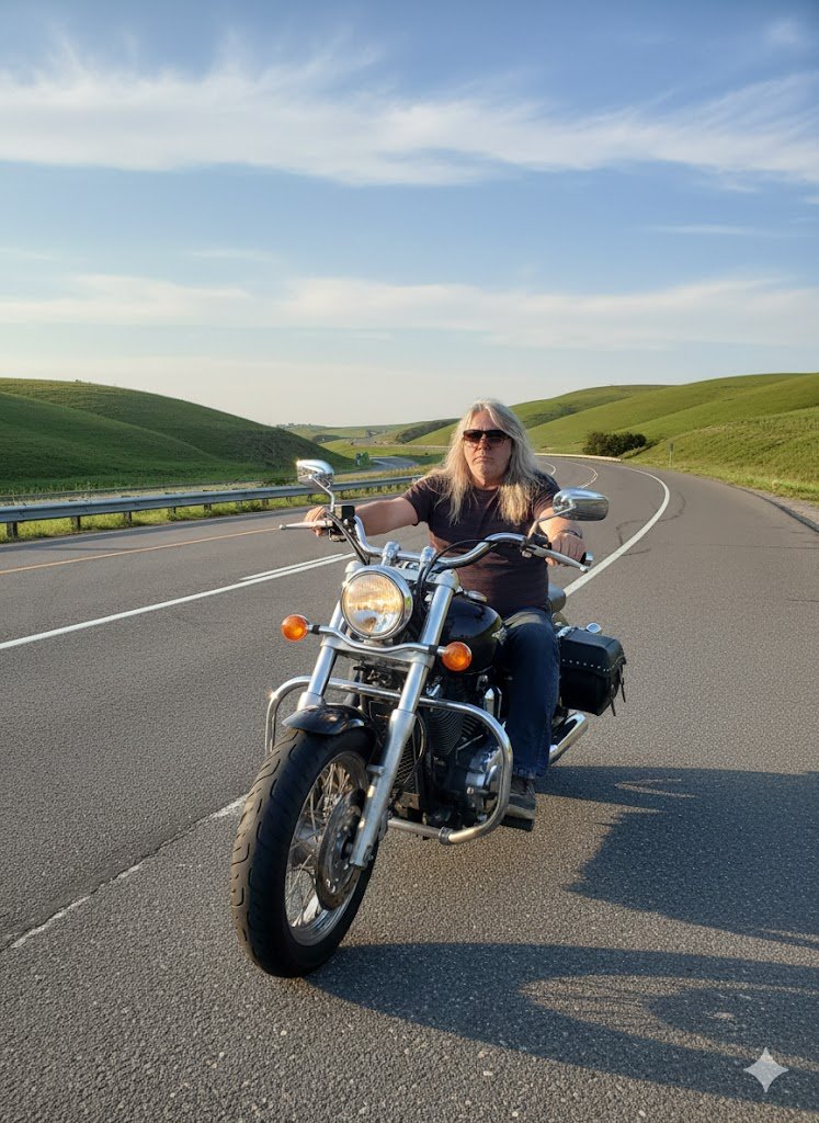A long-haired rider in sunglasses stopped on a motorcycle in the middle of an empty road winding through green rolling hills.